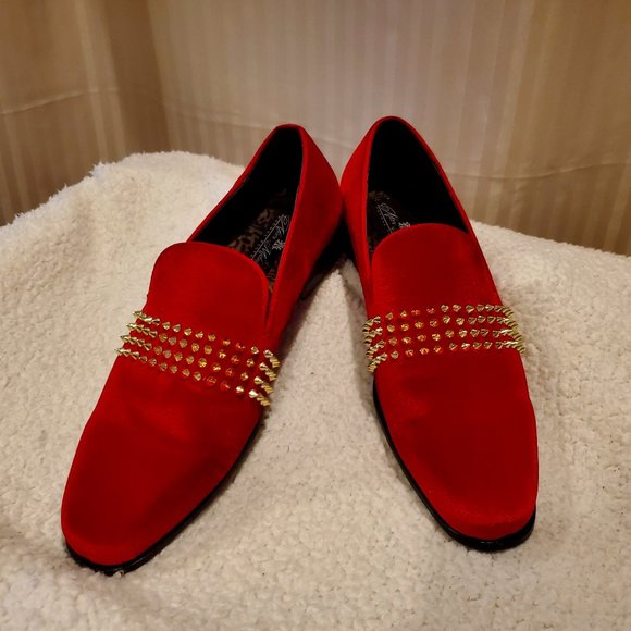 After Midnight Other - MENS RED VELVET GOLD SPIKY SLIP ON DRESS LOAFERS